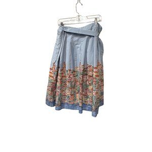 Talbots Plus Size 16W Light Blue A-Line Skirt With Scenic Print & Waist Tie 100%